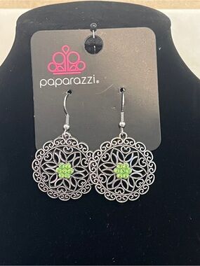 Paparazzi Silver-Tone Filigree Earrings with Lime Green Stones